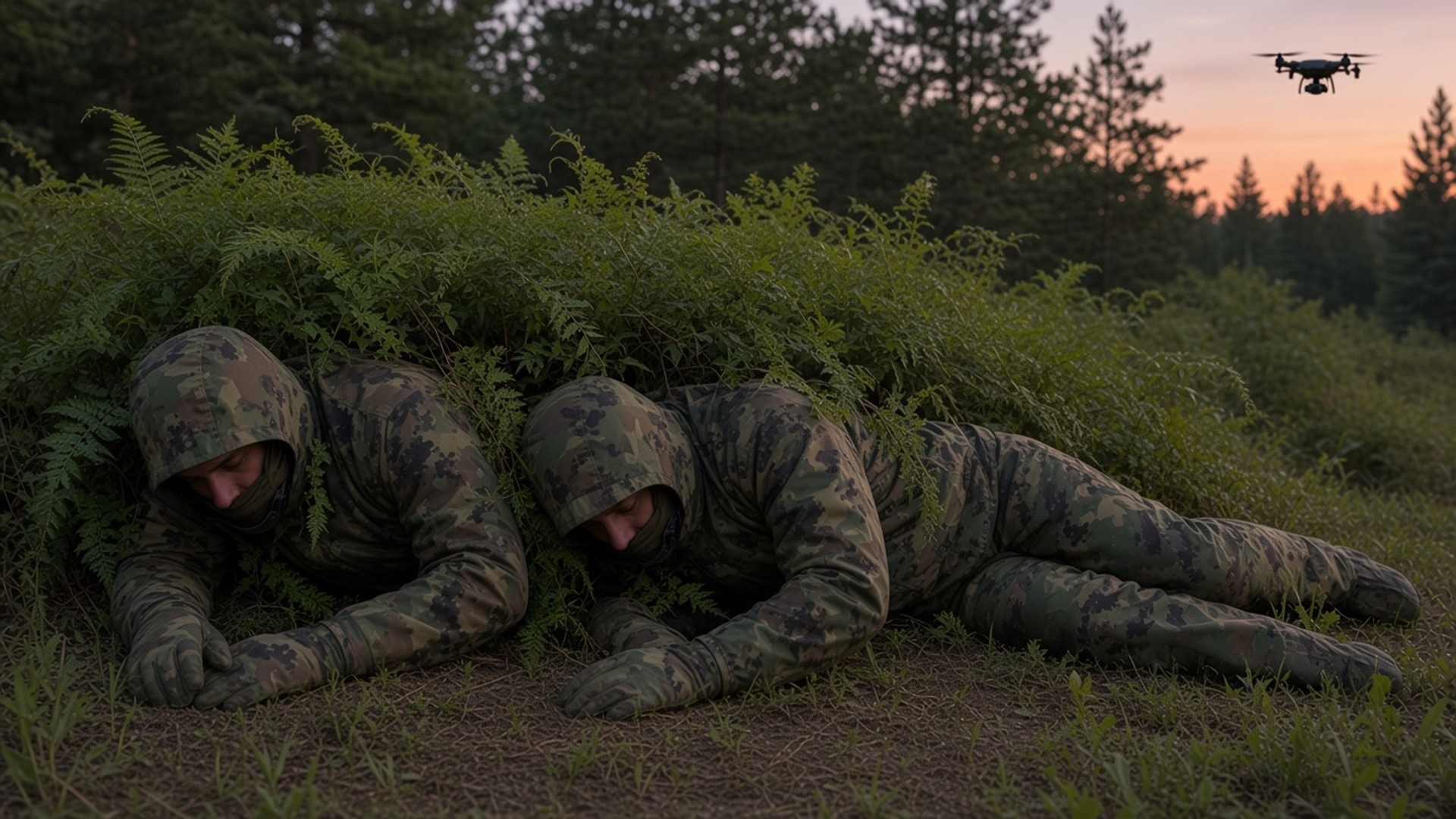 Two soldiers in woodland green anti-thermal camouflage suits lying still under bushes at a forest edge while a reconnaissance drone hovers high in the dusk sky