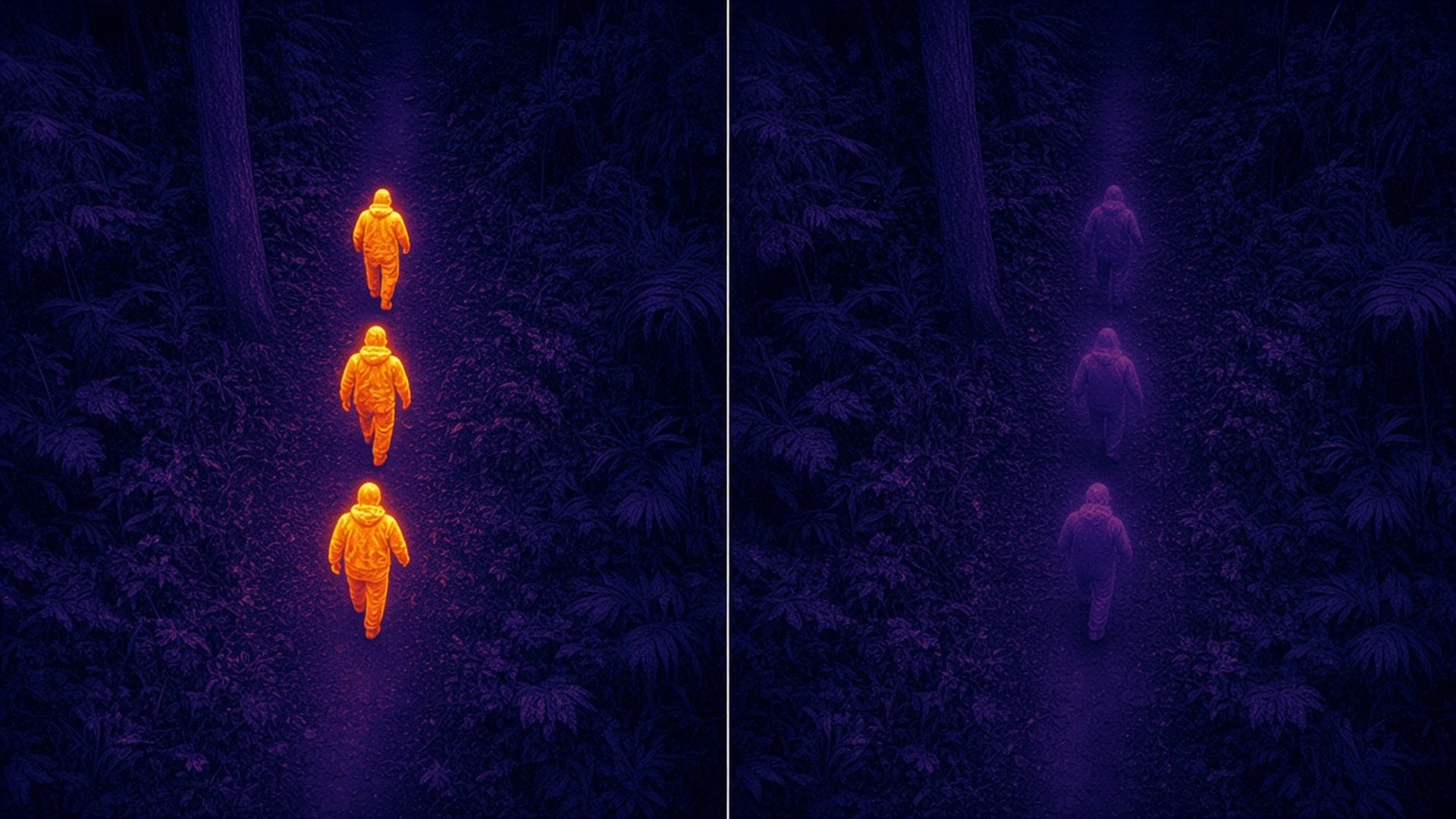 Split drone thermal view of a jungle trail – three people glow bright without suits (left) and appear only as faint shapes in anti-thermal suits (right)