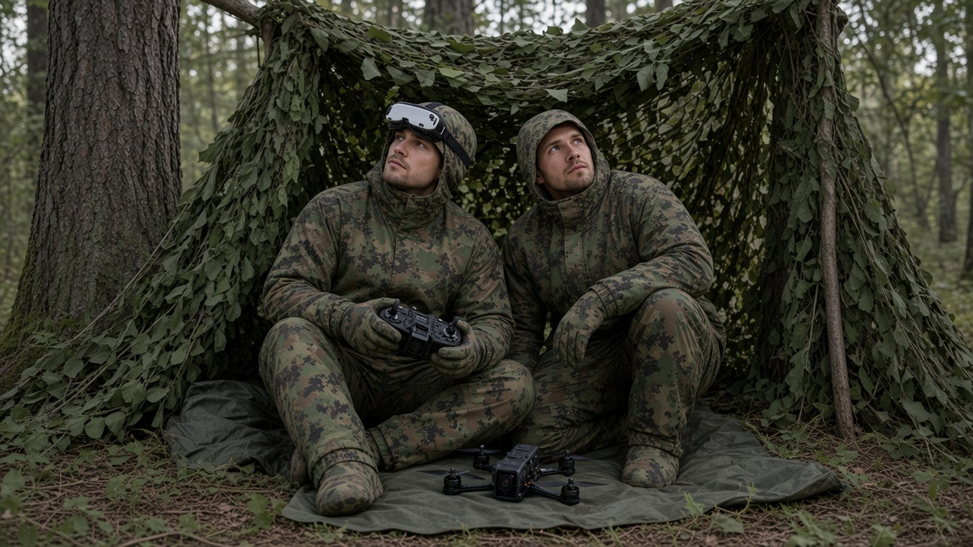 FPV drone-operator team in green anti-thermal suits under camouflage netting in a forest, staying hidden from enemy thermal surveillance