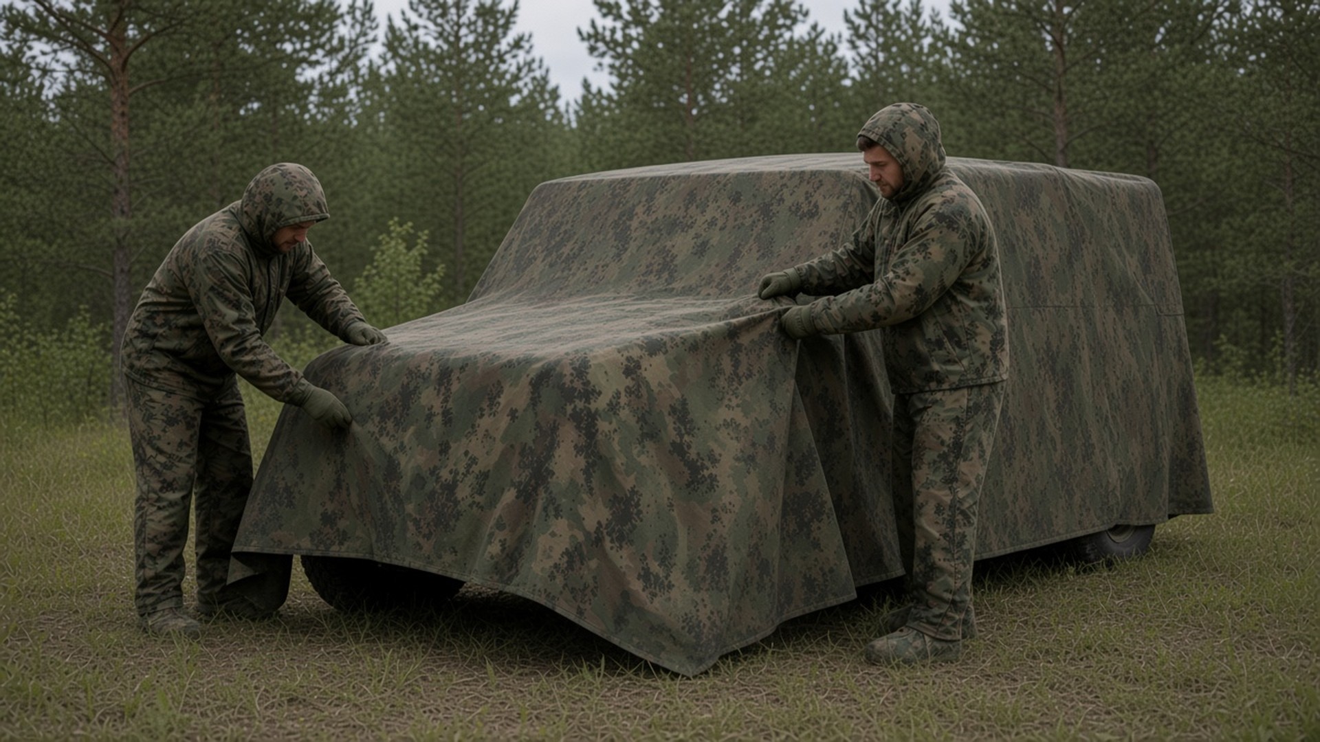 Soldiers in green anti-thermal suits pulling woodland green anti-IR fabric tight over a light utility vehicle at a forest edge