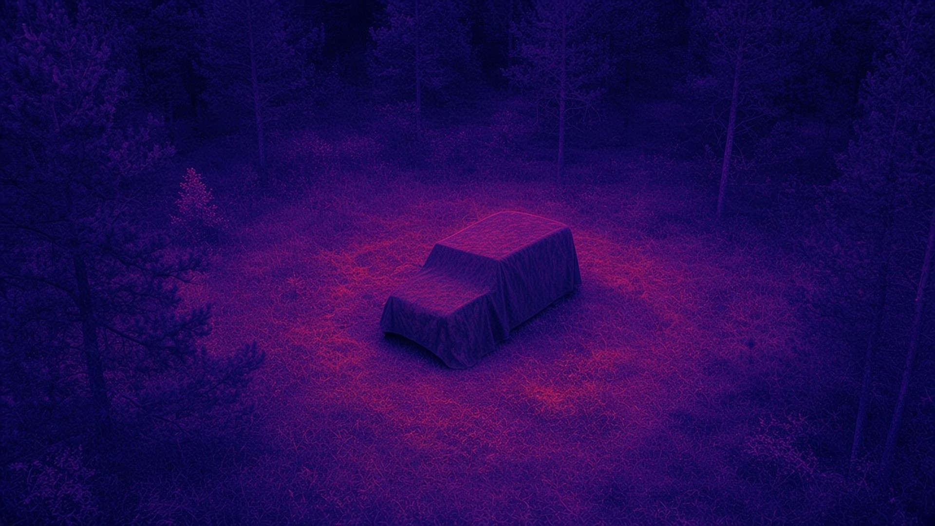 Drone thermal view of the same vehicle under anti-IR fabric – only a faint cool shape, with no hot engine bloom