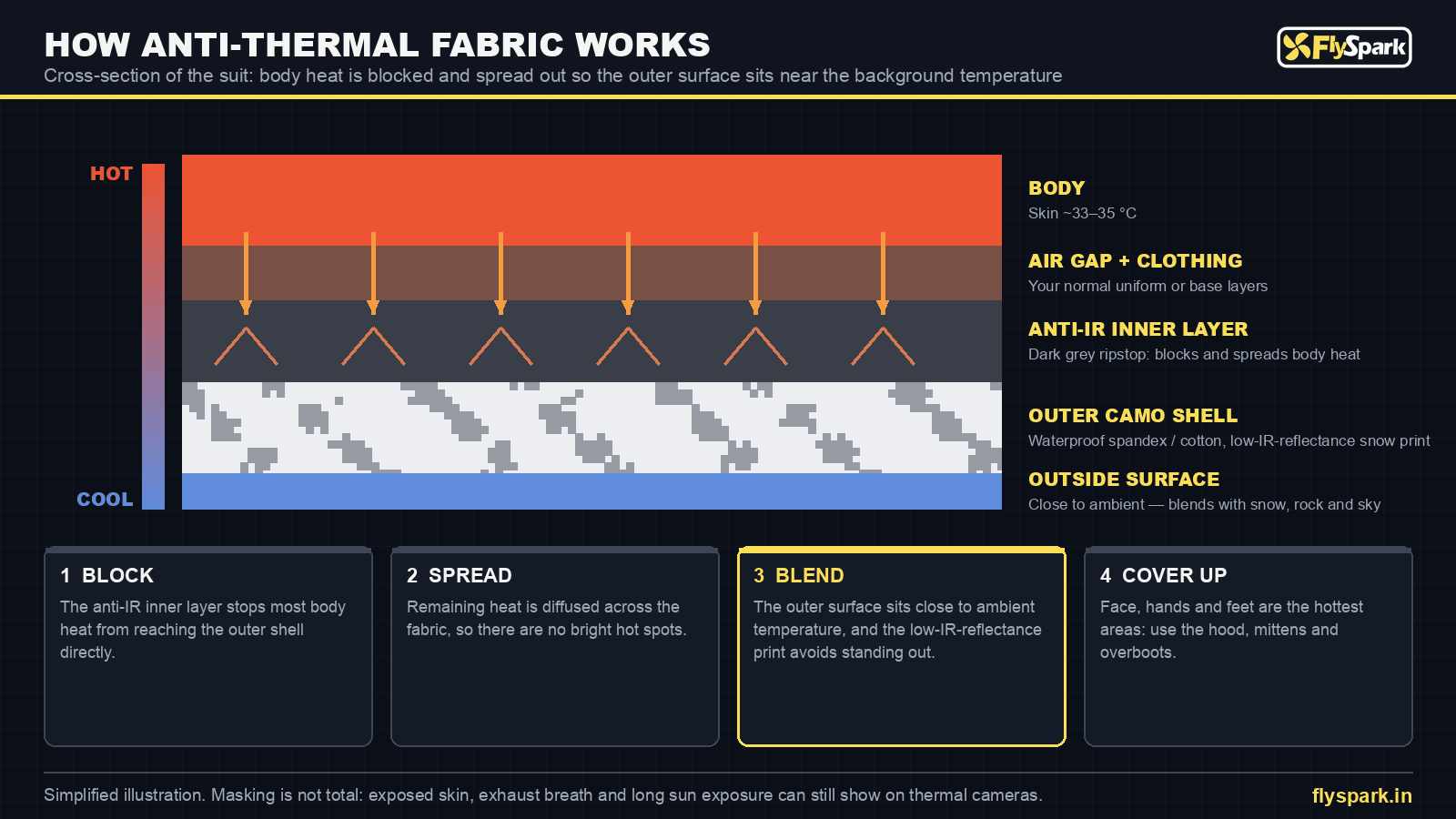 How anti-thermal camouflage fabric works – cross-section showing body heat, anti-infrared inner layer, outer snow camo shell and near-ambient surface