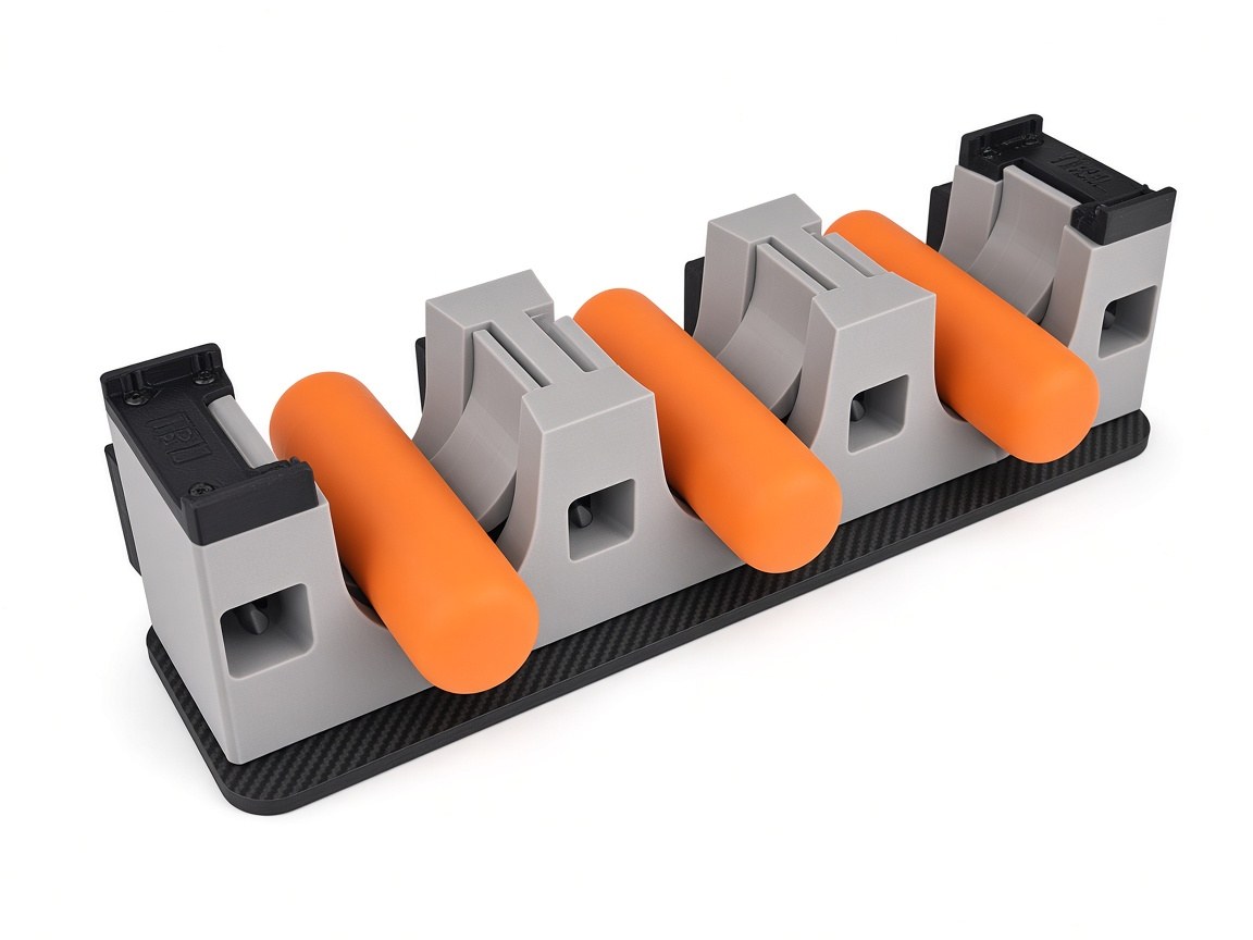 FlySpark 60WD3MAX triple-payload drone dropper with dual latches and carbon-fibre base holding three orange inert training cylinders