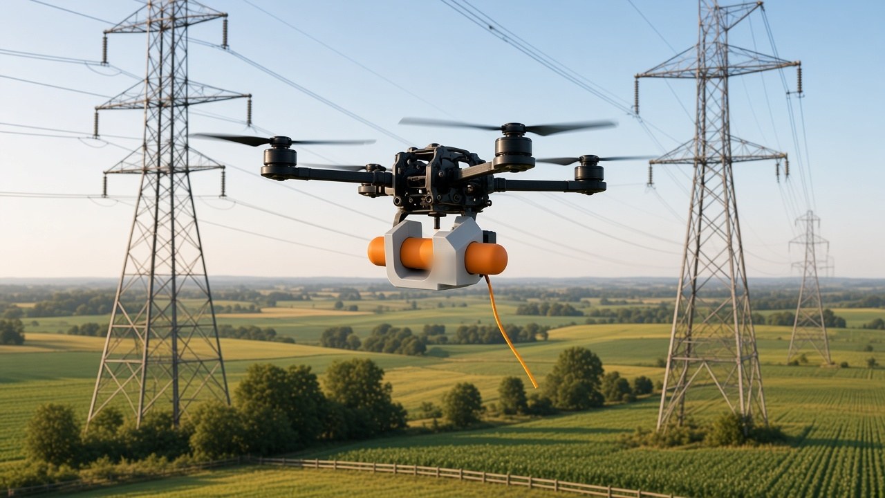 FlySpark 60WD1 single-payload drone dropper releasing an orange pilot-line weight near high-voltage transmission towers