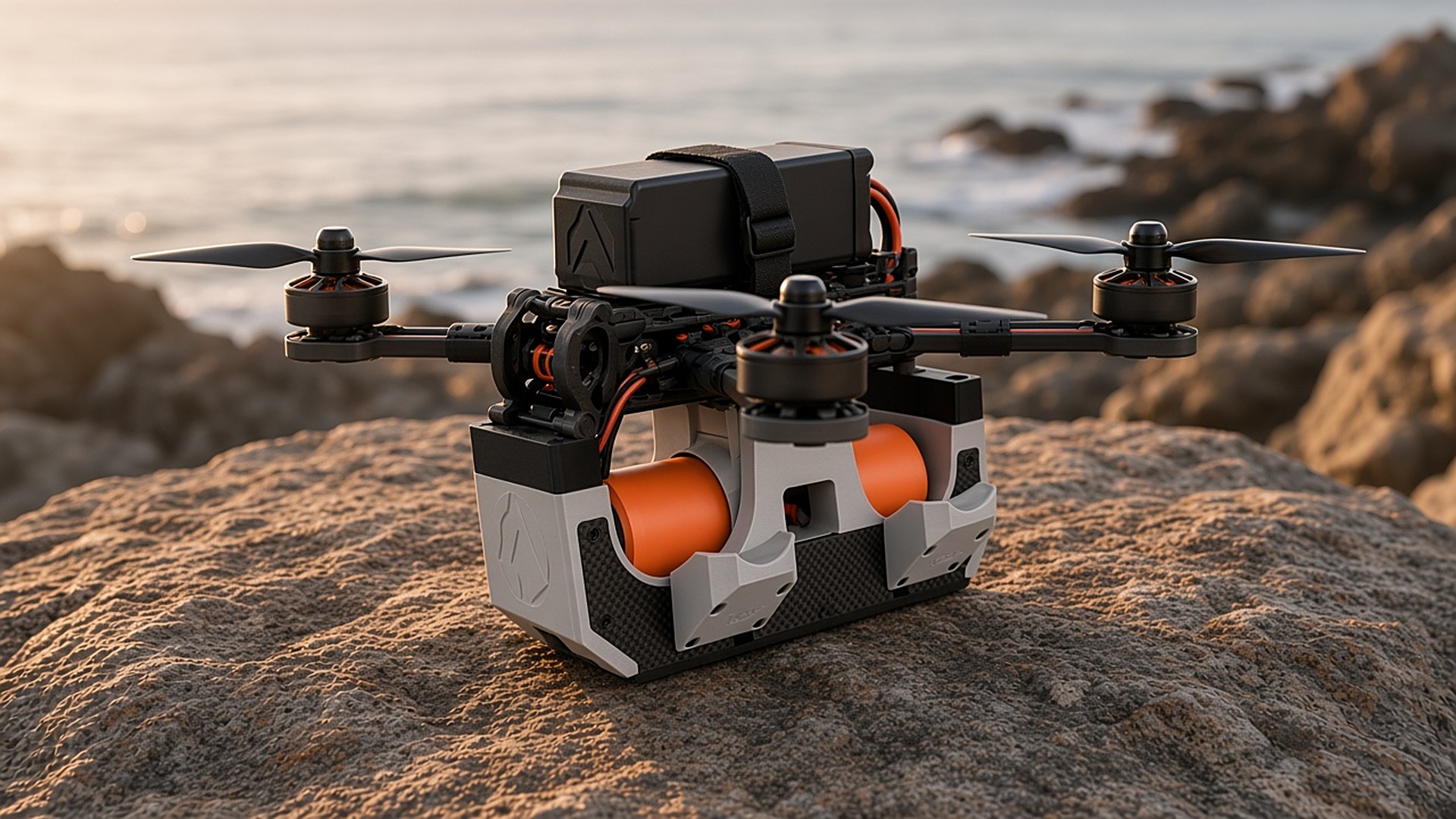 FlySpark 60WD2PRO payload dropper with two orange inert cylinders under an FPV-class quadcopter on coastal rocks before a sea rescue drill