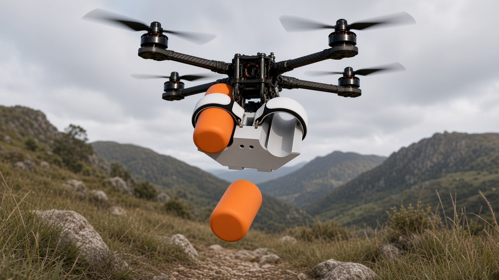 FlySpark 60ZD2 drone dropper releasing an orange rescue cylinder over a mountain trail during a search-and-rescue exercise