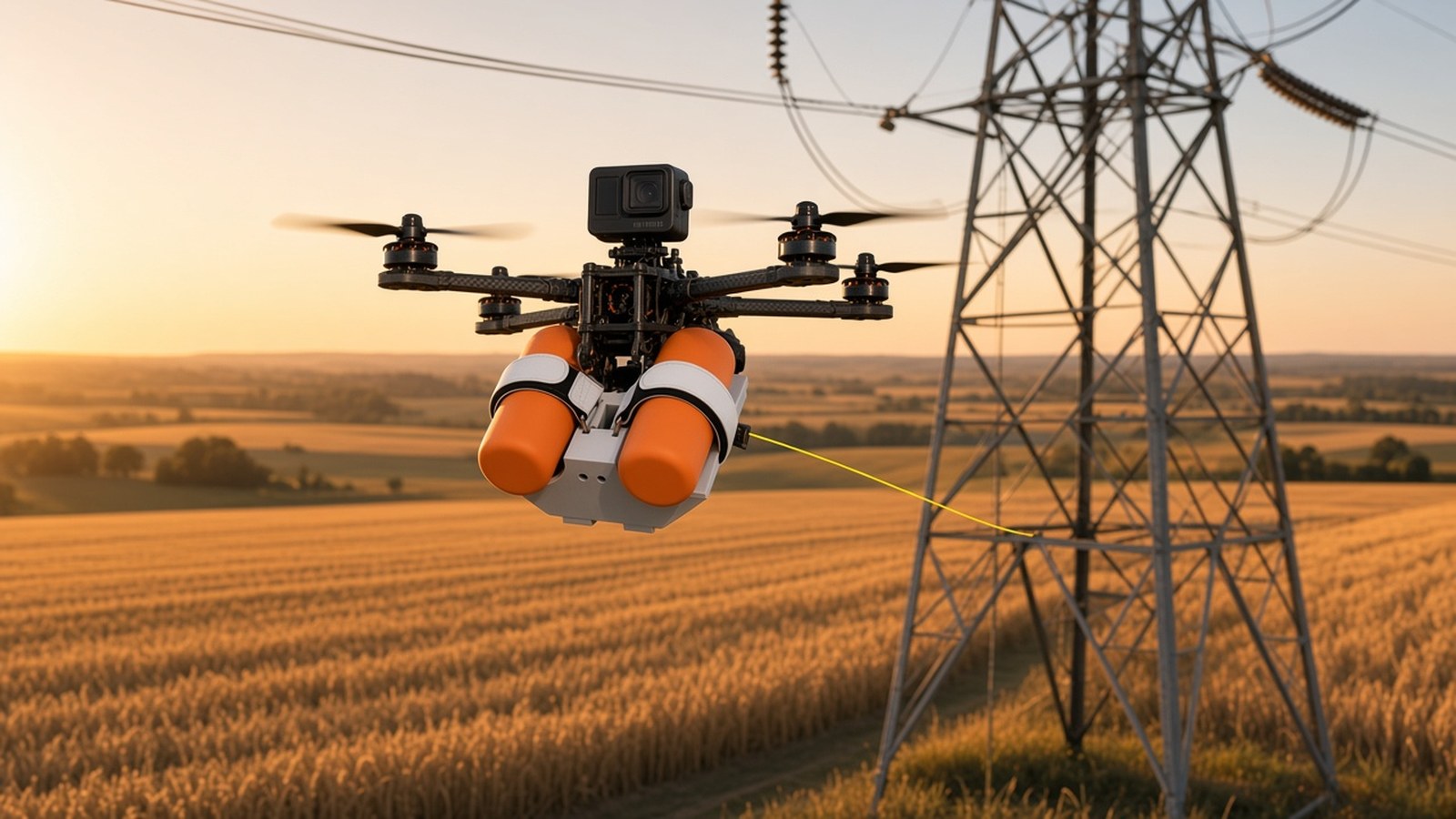 FlySpark 60ZD2 payload dropper on an FPV-class quadcopter carrying a pilot line beside a power transmission tower for utility line stringing