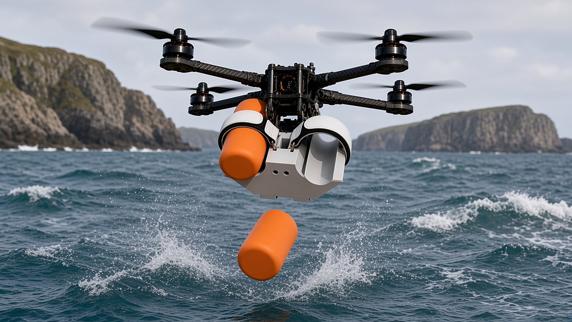 FlySpark 60ZD2 drone payload dropper releasing an orange flotation cylinder over the sea during a coastal and maritime rescue exercise
