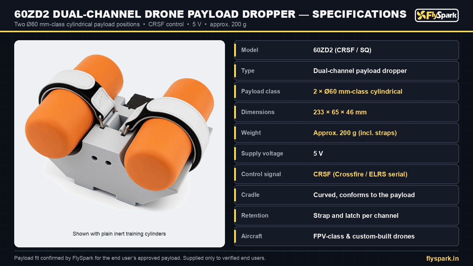 FlySpark 60ZD2 dual-channel drone payload dropper specification sheet – 2 × Ø60 mm-class payloads, 233 × 65 × 46 mm, approx. 200 g, 5 V, CRSF