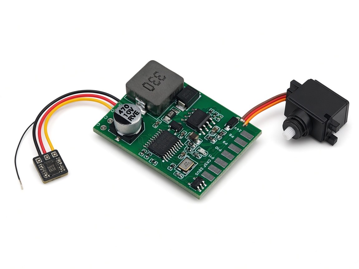 FlySpark ELRS-to-PWM Output Module wired between a compact ELRS receiver and a standard hobby servo