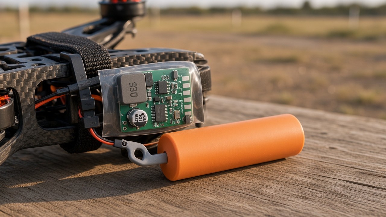 FlySpark ELRS-to-PWM Output Module installed in heat-shrink on a 7-inch FPV-class drone frame with a servo release hook and inert orange training cylinder