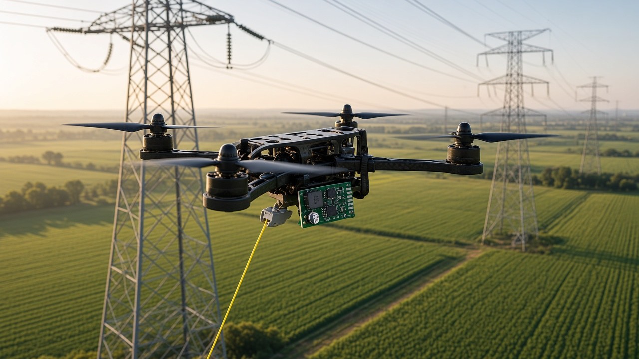 FlySpark ELRS-to-PWM Output Module on a custom drone carrying a pilot line beside transmission towers for power-line stringing