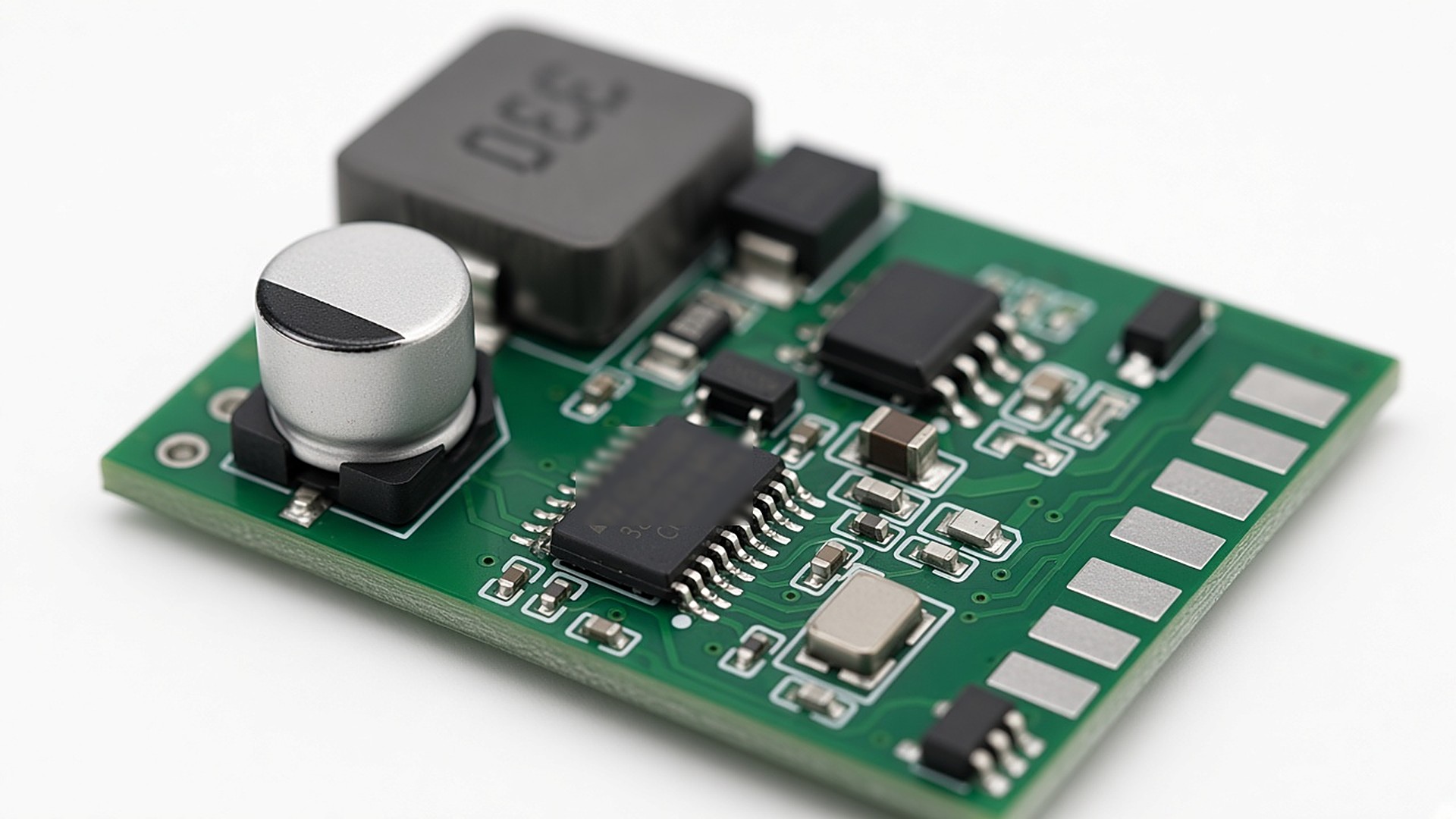 FlySpark ELRS-to-PWM Output Module macro detail of the 5 V step-down power inductor, 470 µF filter capacitor and microcontroller for drone payload-release servos