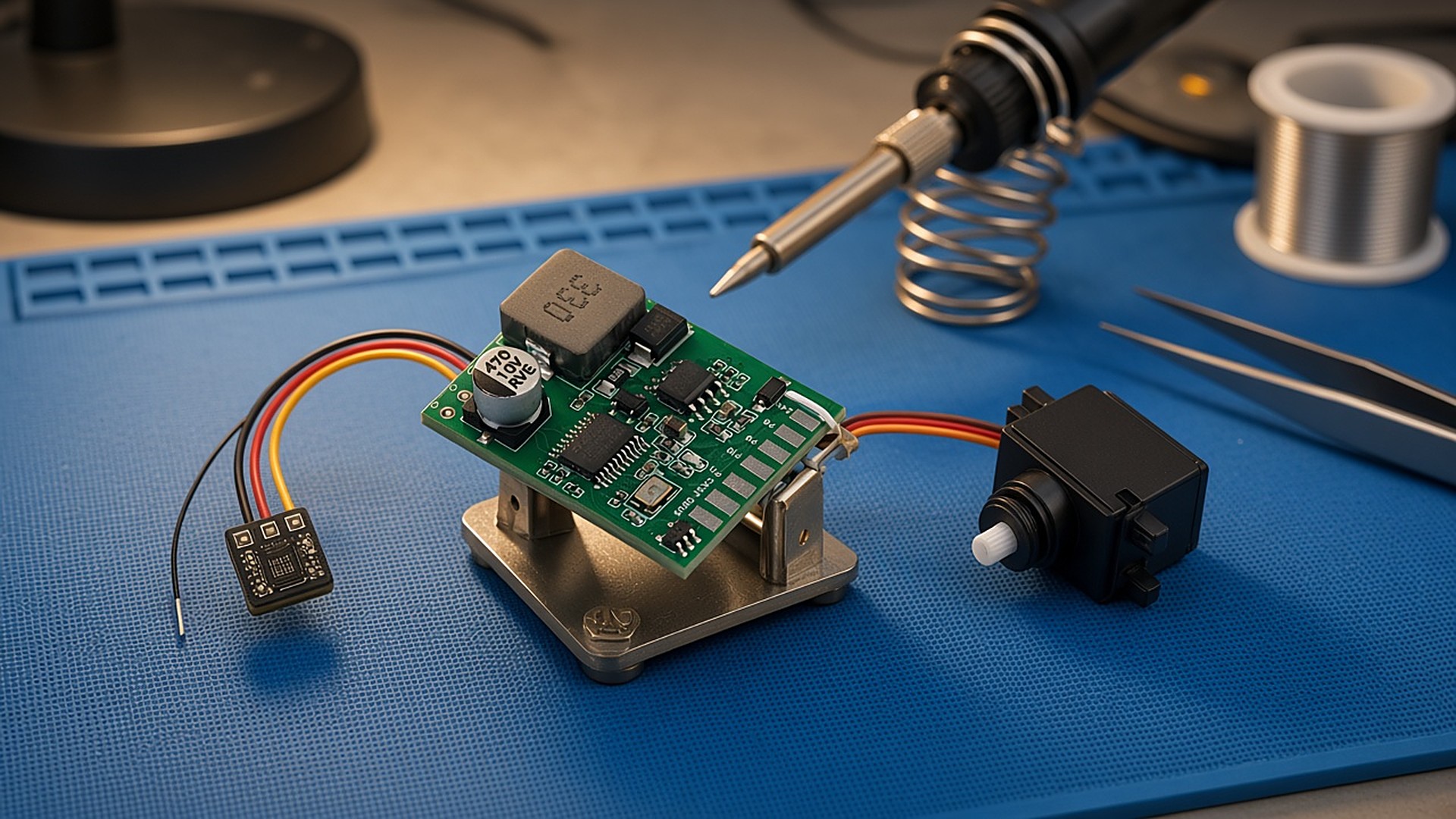 FlySpark ELRS-to-PWM Output Module on a soldering bench wired to an ELRS receiver and a servo lead during drone payload-release integration
