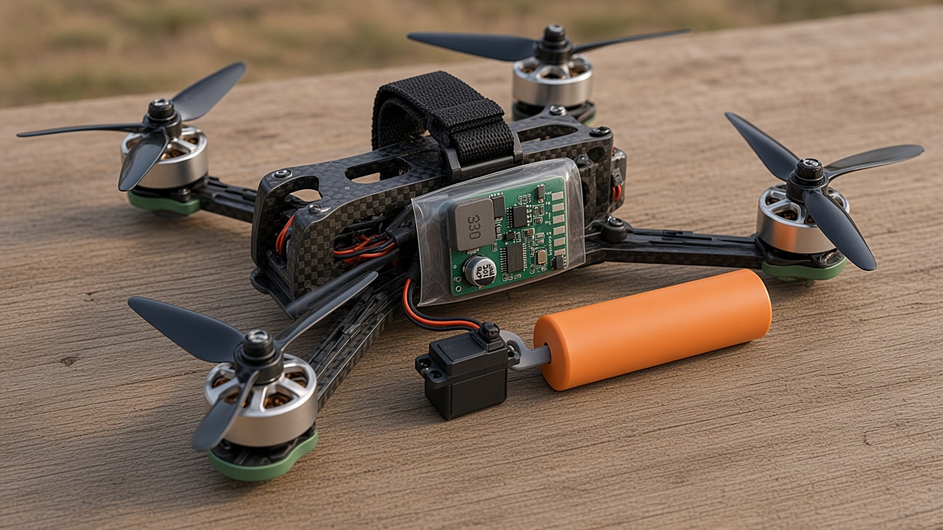 FlySpark ELRS-to-PWM Output Module installed on a 7-inch FPV-class drone frame driving a dropper servo latch with an inert orange training cylinder