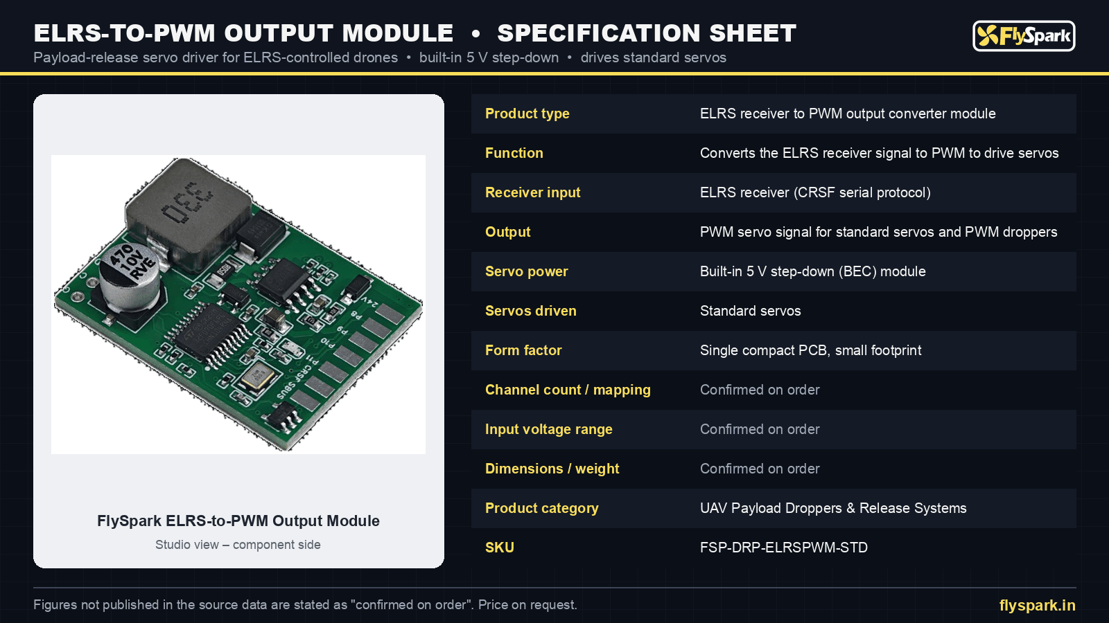 FlySpark ELRS-to-PWM Output Module specification sheet – ELRS receiver to PWM servo converter with built-in 5 V step-down