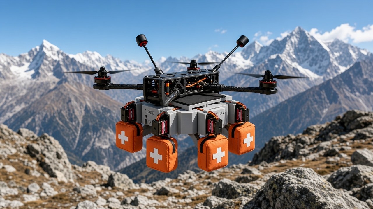 FlySpark First-Aid Kit Drone Dropper 4-lock mounted under an FPV-class quadcopter carrying orange first-aid pouches over a mountain rescue area