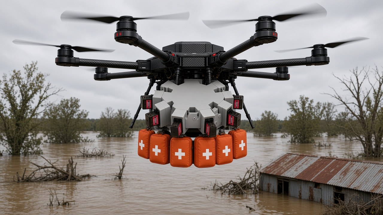 FlySpark First-Aid Kit Drone Dropper 6-lock carrying six first-aid pouches under a multirotor over a flooded village