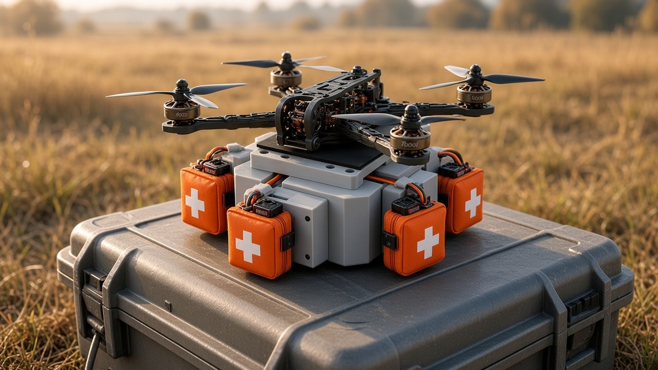 FlySpark First-Aid Kit Drone Dropper 4-lock loaded with first-aid pouches on an FPV-class drone during pre-flight preparation