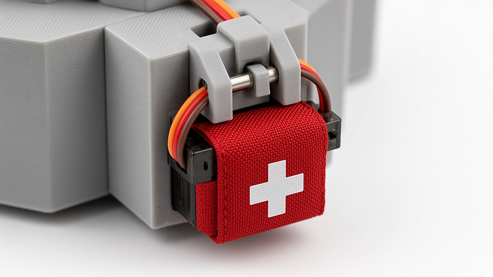 FlySpark First-Aid Kit Drone Dropper release lock close-up: micro servo, steel release pin and red first-aid pouch held in the lock slot