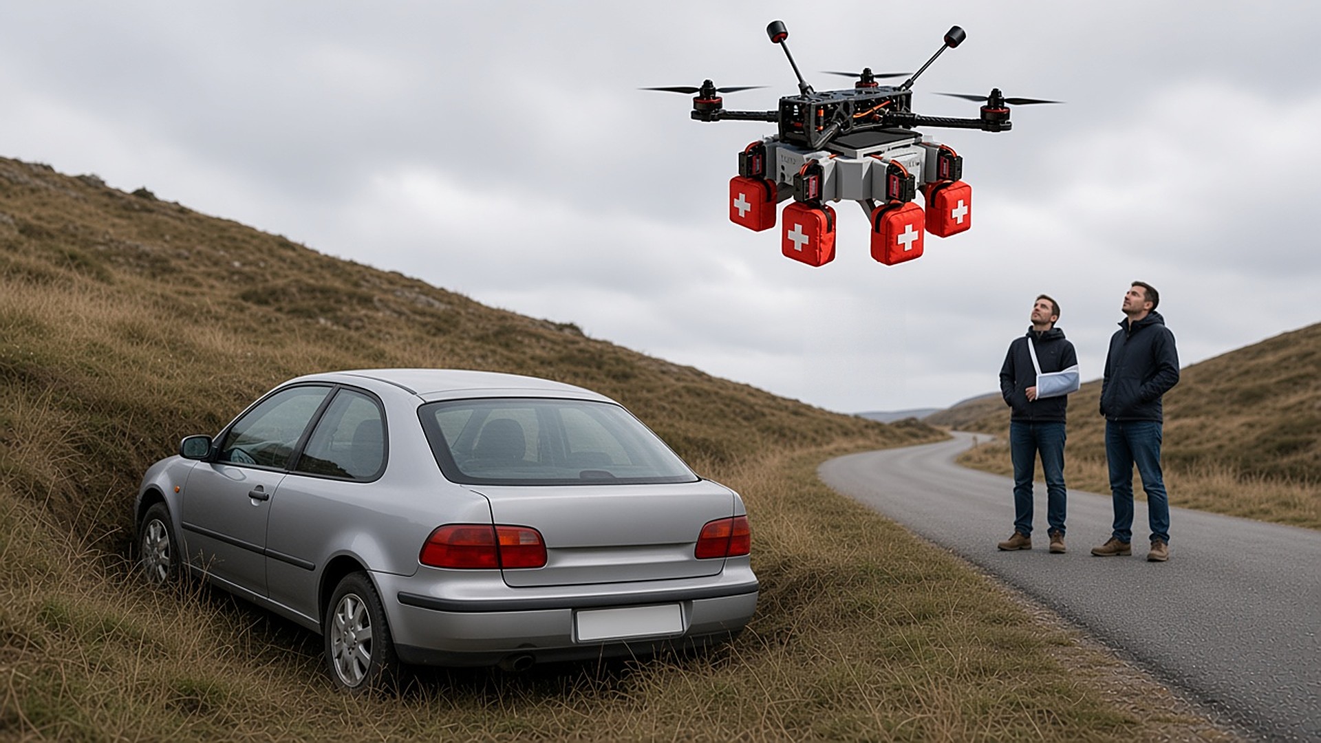 FlySpark First-Aid Kit Drone Dropper 4-lock on an FPV-class quadcopter delivering red first-aid kits to stranded motorists after a road accident