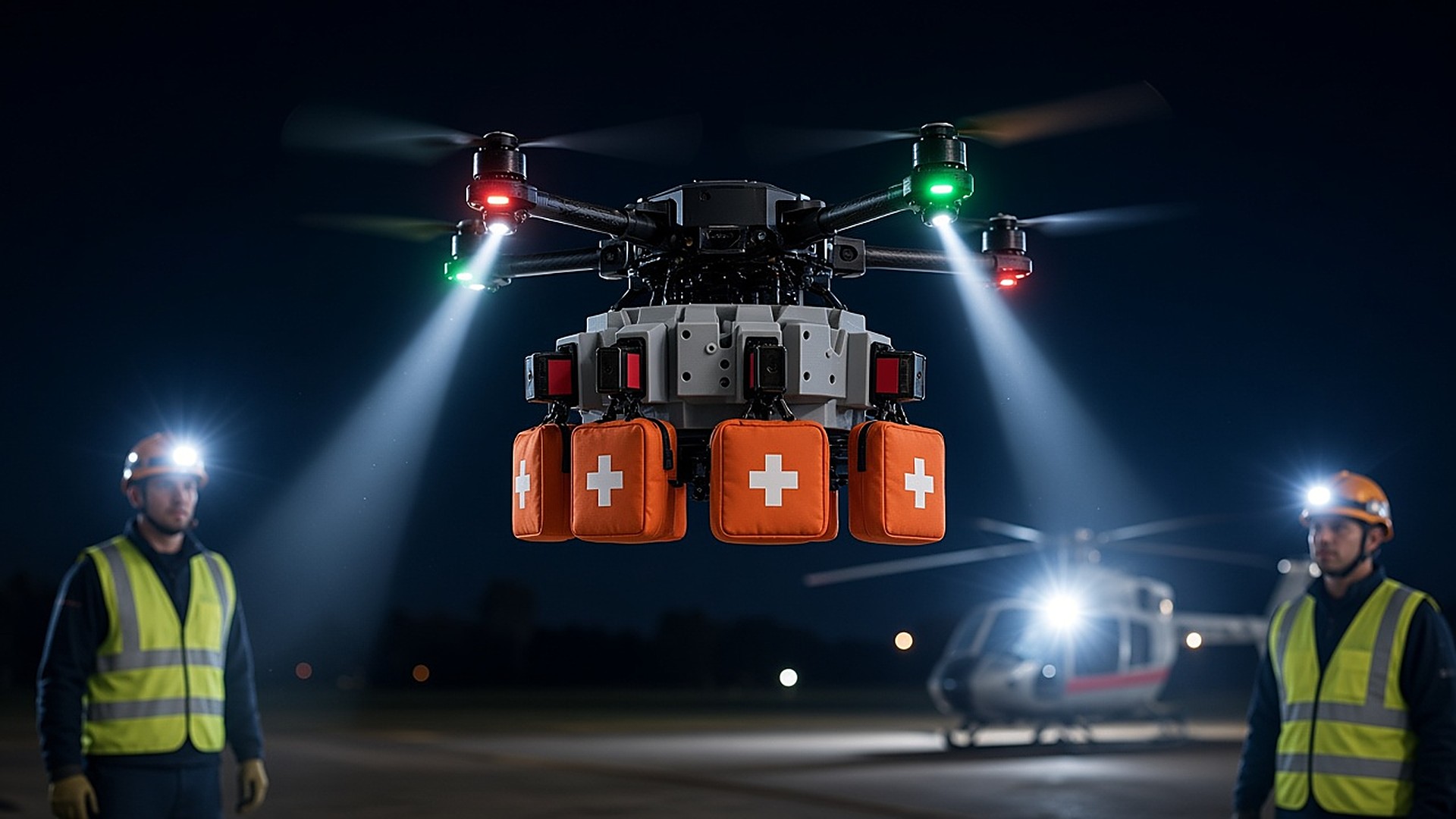 FlySpark First-Aid Kit Drone Dropper 6-lock with six orange first-aid kits under a quadcopter at night, supporting a medevac landing zone