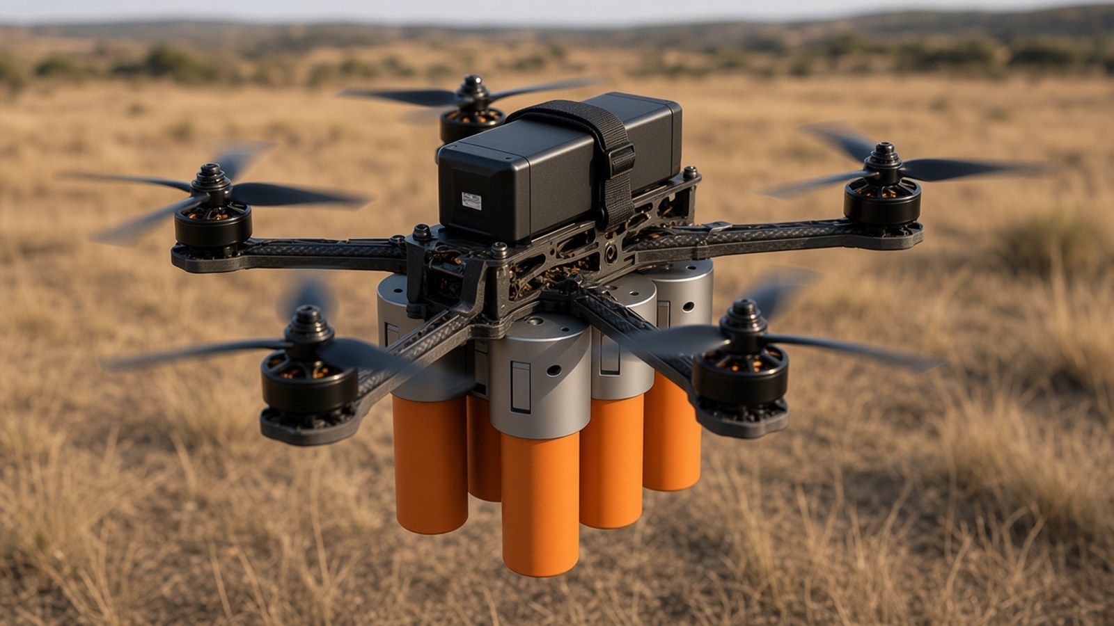 FlySpark LD35 multi-channel dropper mounted under a 10-inch FPV-class drone carrying orange inert training cylinders
