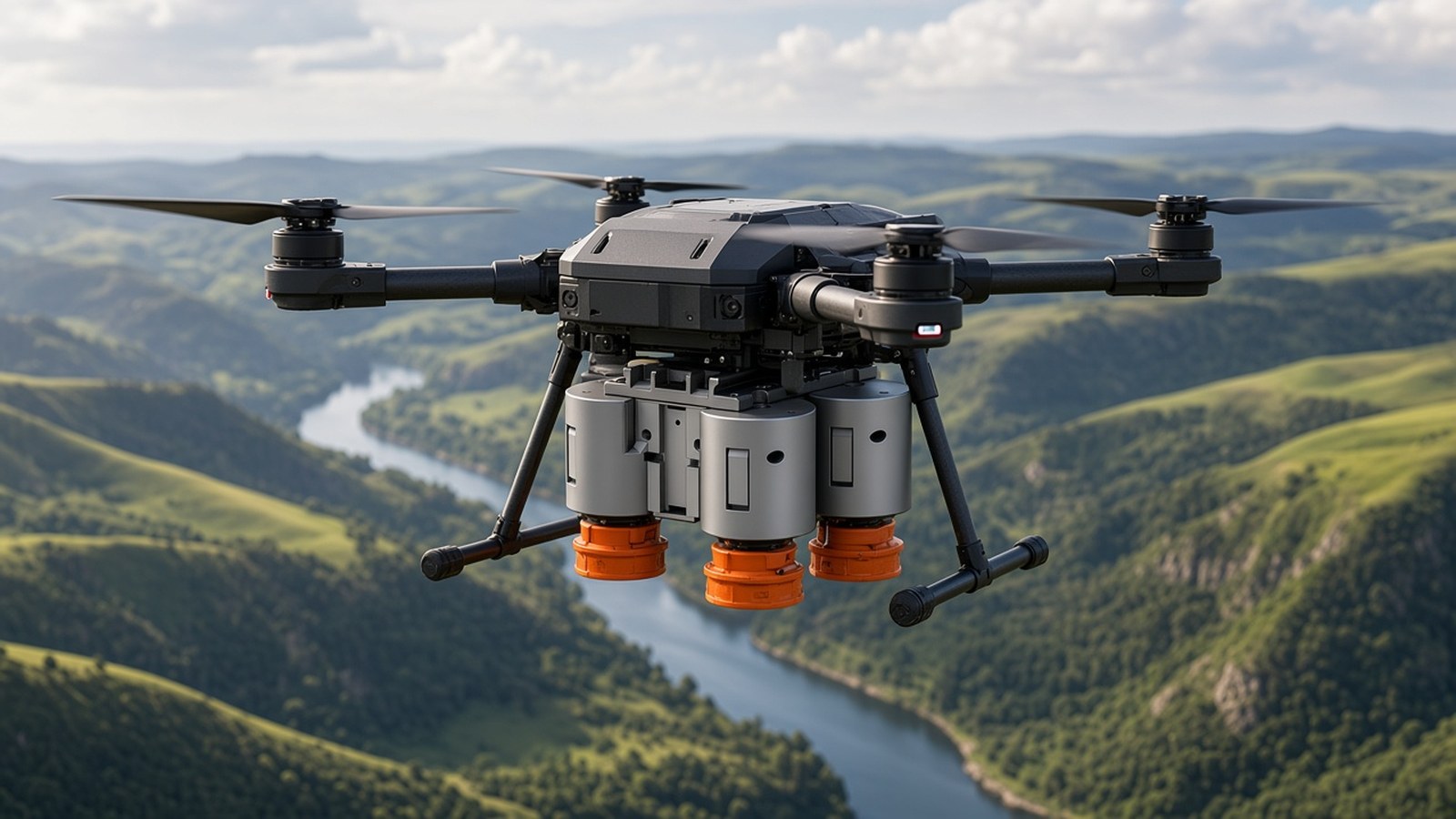 FlySpark LD35 dropper under a DJI M350-class enterprise drone during a search-and-rescue exercise over hills