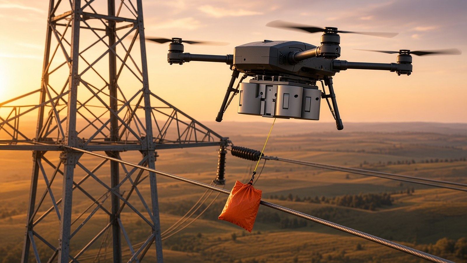 FlySpark LD35 drone dropper releasing a pilot-line bag over a power-line conductor for utility stringing