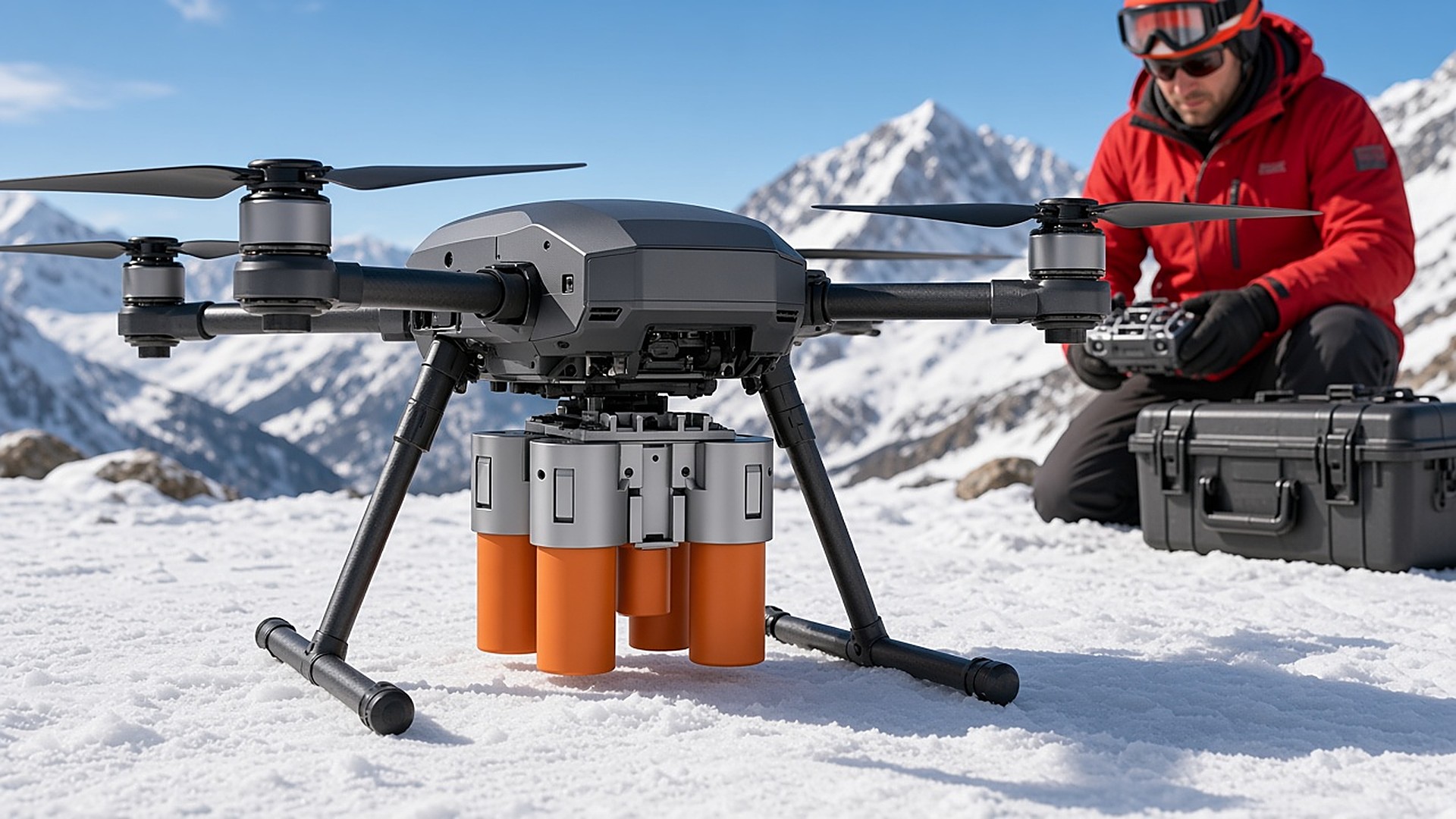 FlySpark LD35 4-channel dropper under an M350-class enterprise drone before take-off on a snowy mountain rescue mission