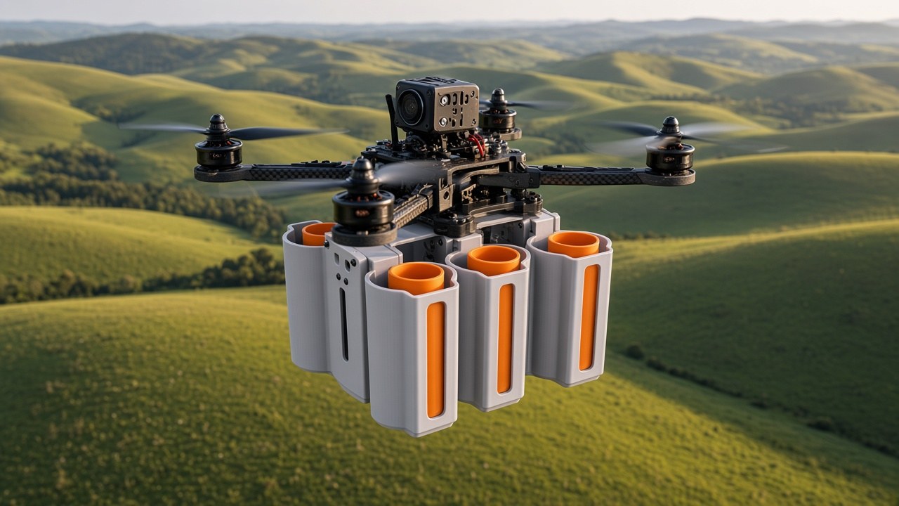 FlySpark M18SD4 4-channel dropper under a heavy-lift FPV-class quadcopter during a search-and-rescue exercise
