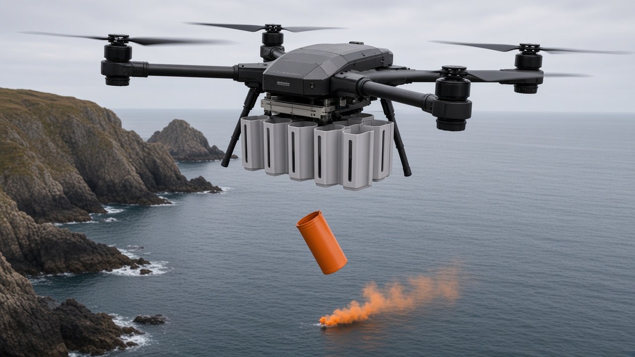 FlySpark M18SD dropper on an M350-class drone releasing an orange signal canister during a maritime rescue exercise