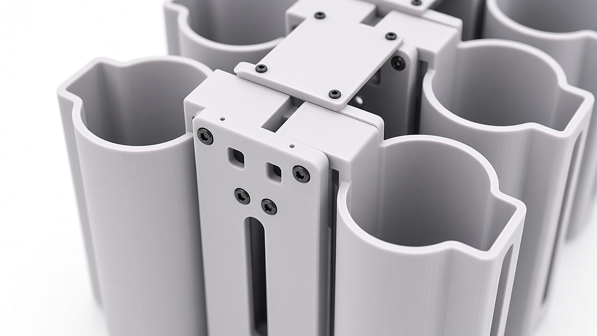 FlySpark M18SD multi-channel smoke-canister dropper close-up of the central latch spine, screwed top plates and slotted holder cups