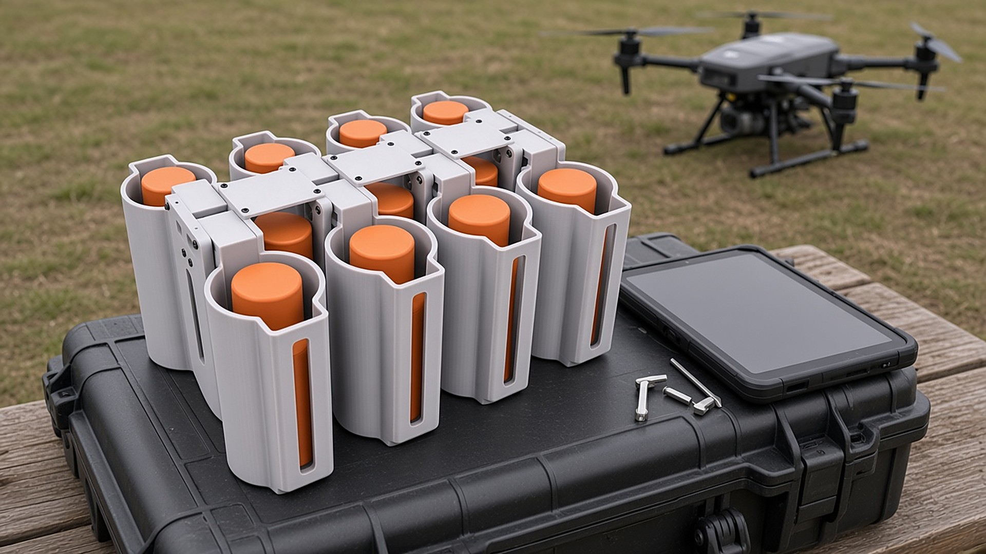 FlySpark M18SD8 smoke-canister dropper loaded with orange inert training cylinders on a rugged field case during pre-flight checks before fitting to an M350-class drone