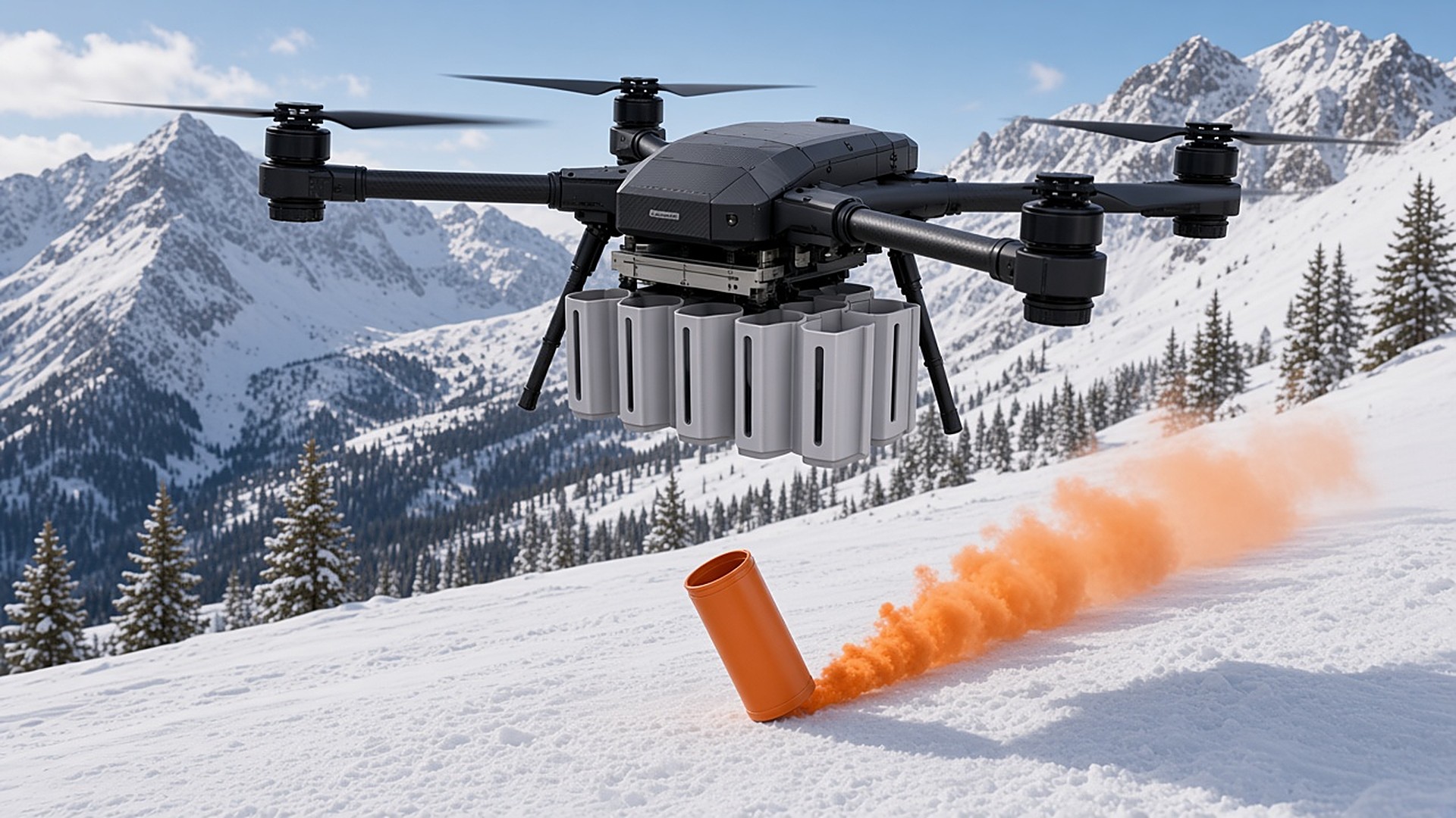 FlySpark M18SD multi-channel dropper under an M350-class enterprise drone marking a casualty location with orange smoke during a snow mountain rescue