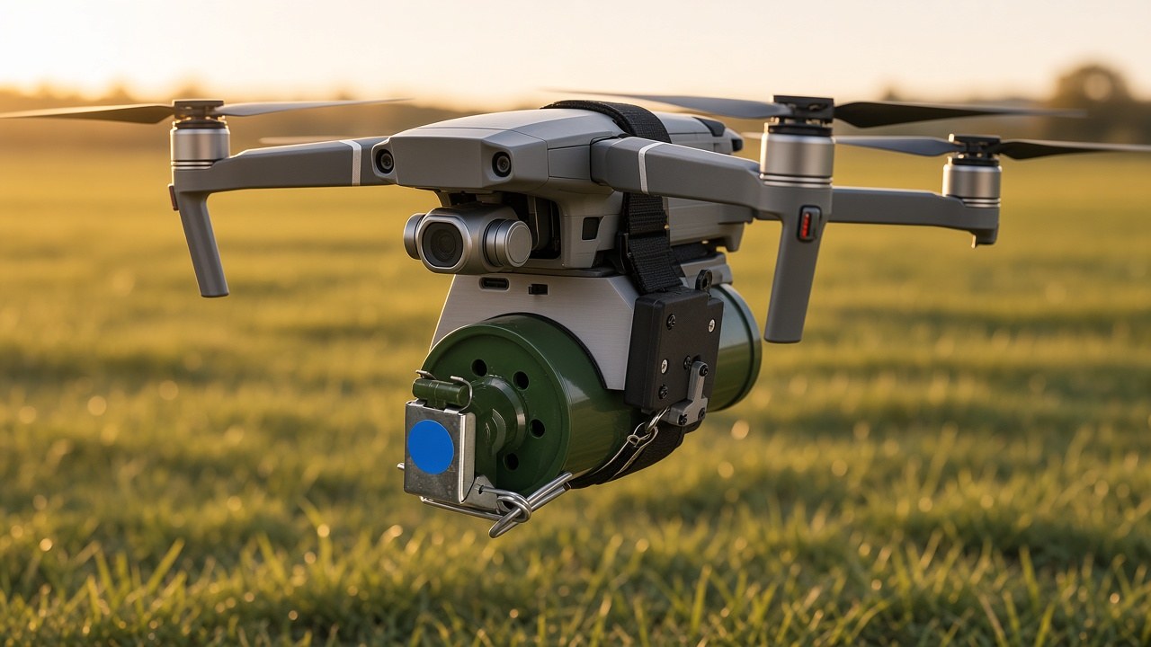 FlySpark M18ZD1 smoke canister dropper strapped under a DJI Mavic-style camera drone over a field training ground