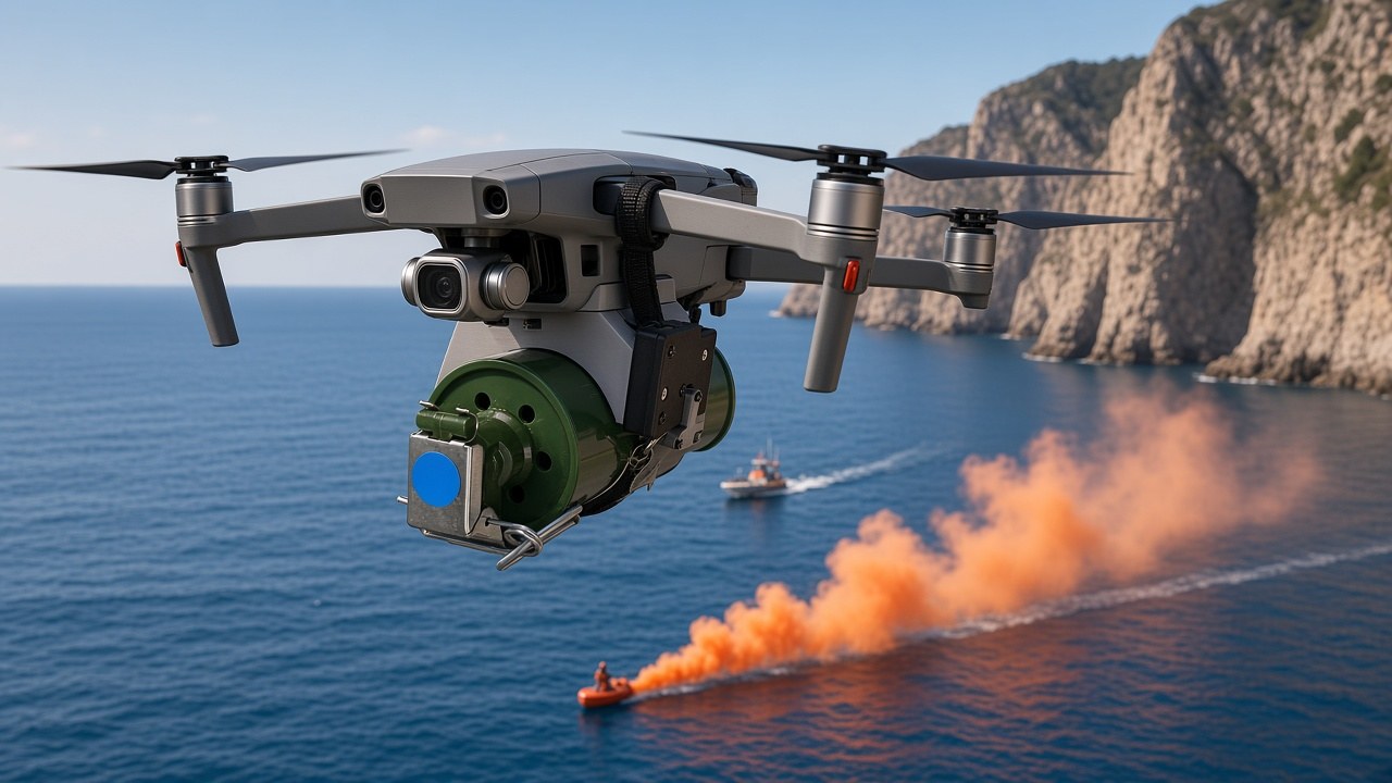 FlySpark M18ZD1 smoke canister dropper on a Mavic-style drone during a maritime rescue exercise with orange marker smoke on the water