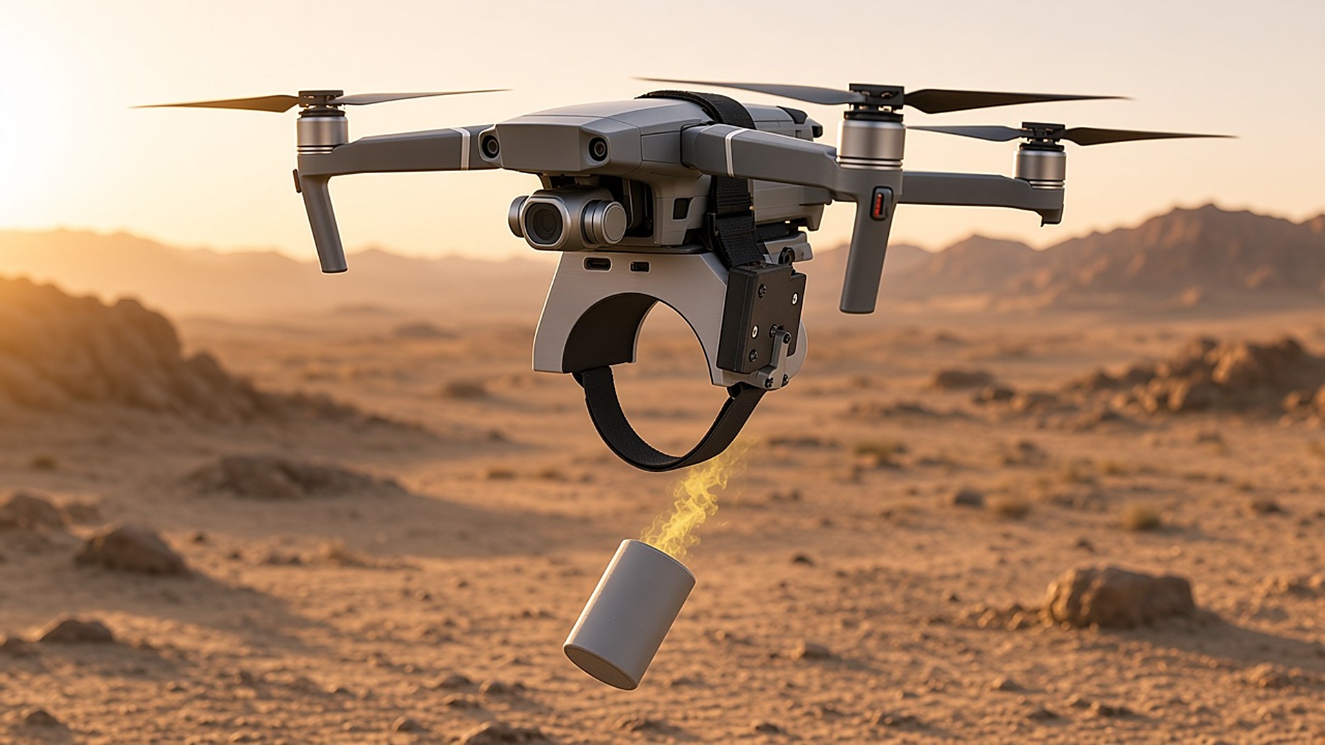 FlySpark M18ZD1 dropper single-action release of a plain marker cylinder from a Mavic-class drone over a desert training area