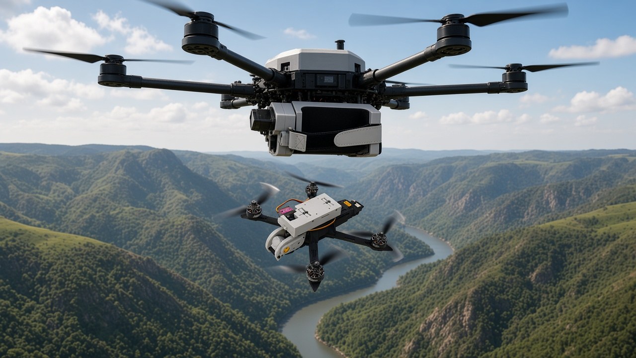 FlySpark Mothership drone release mount air-launching a small FPV-class search drone from a large carrier drone over hills and a river valley