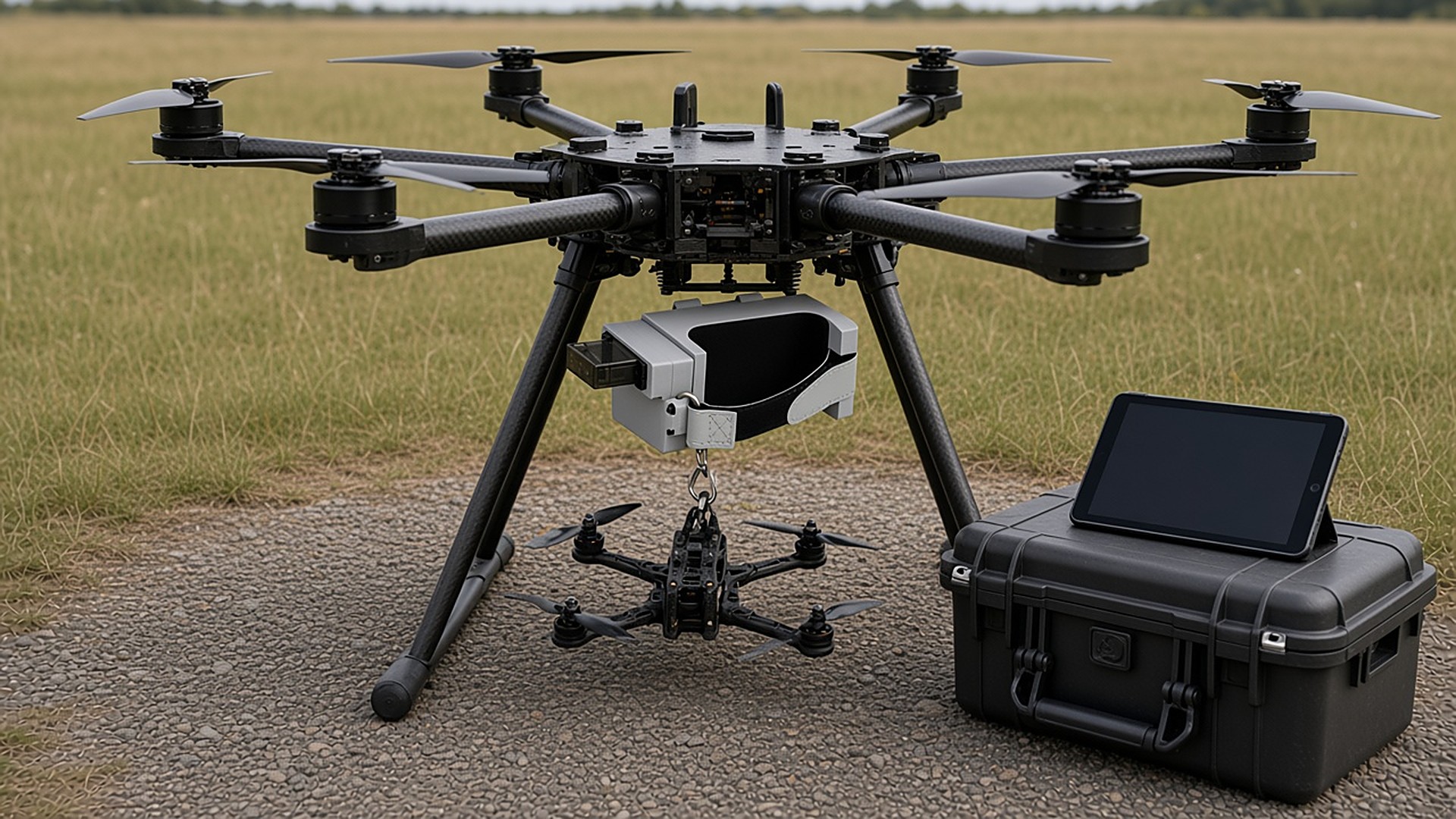 FlySpark Mothership release mount under a heavy-lift hexacopter on the launch pad with an 8-inch FPV-class child drone hooked to the latch before take-off