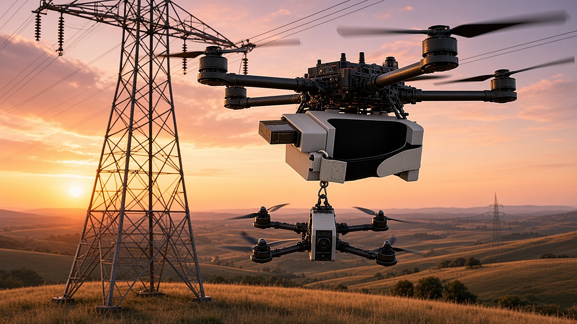 FlySpark Mothership release mount carrying a small FPV-class inspection drone to a high-voltage transmission tower for close-up utility inspection