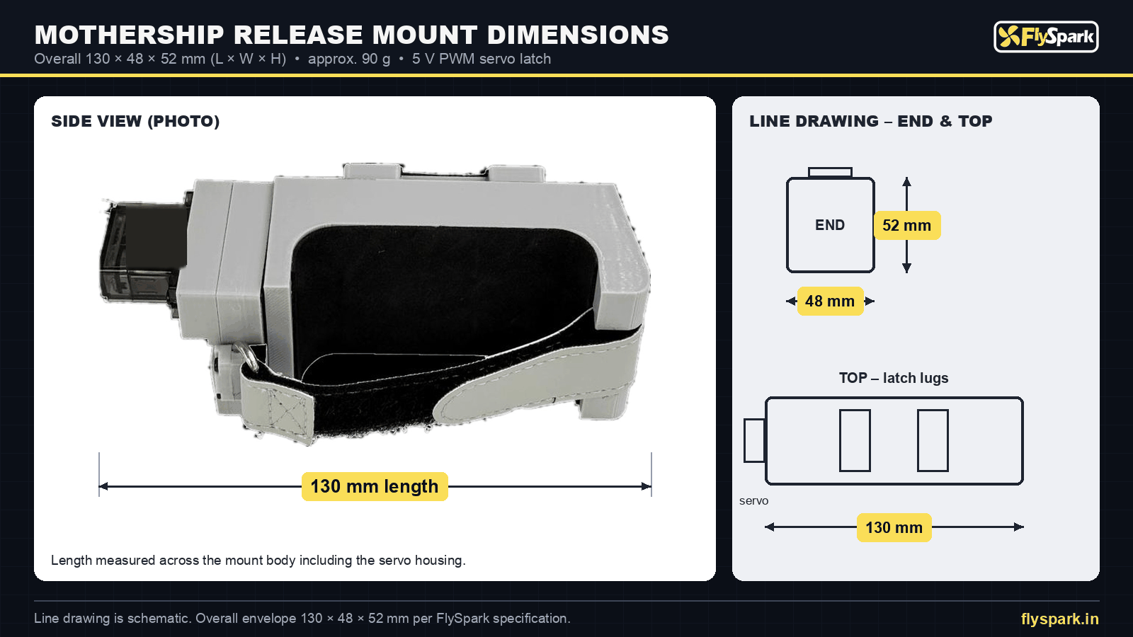 FlySpark Mothership drone release mount dimensions drawing – 130 × 48 × 52 mm (L × W × H), approx. 90 g