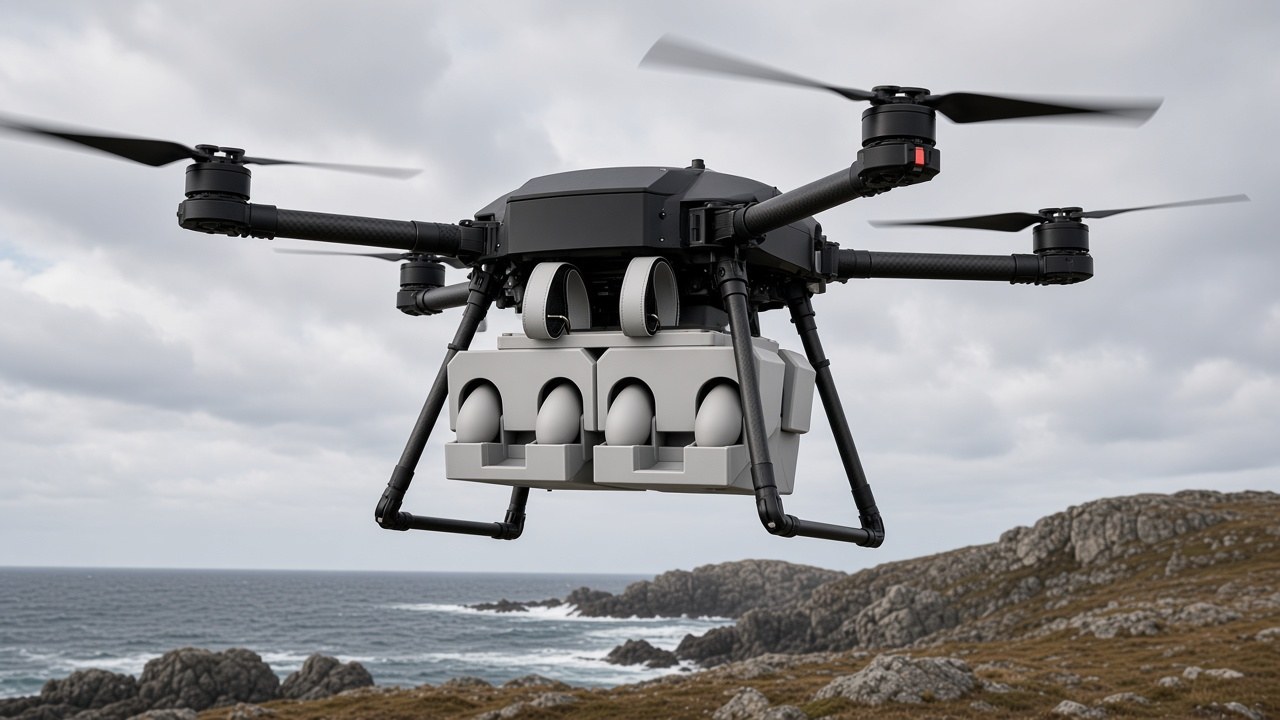 FlySpark PWD multi-channel dropper mounted under an M350-class enterprise quadcopter during a coastal search-and-rescue exercise