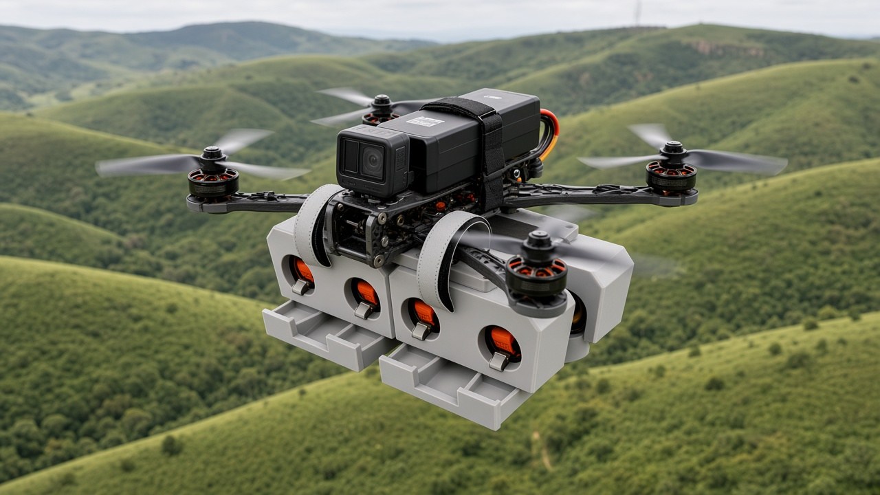 FlySpark PWD drone dropper strapped under a 10-inch FPV-class quadcopter carrying orange rescue marker pouches over hills
