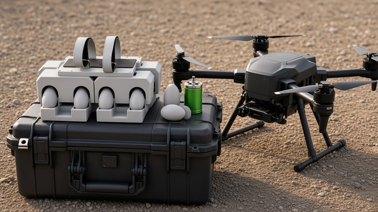 FlySpark PWD multi-channel dropper staged on an equipment case beside an enterprise drone with inert training dummies and a smoke canister