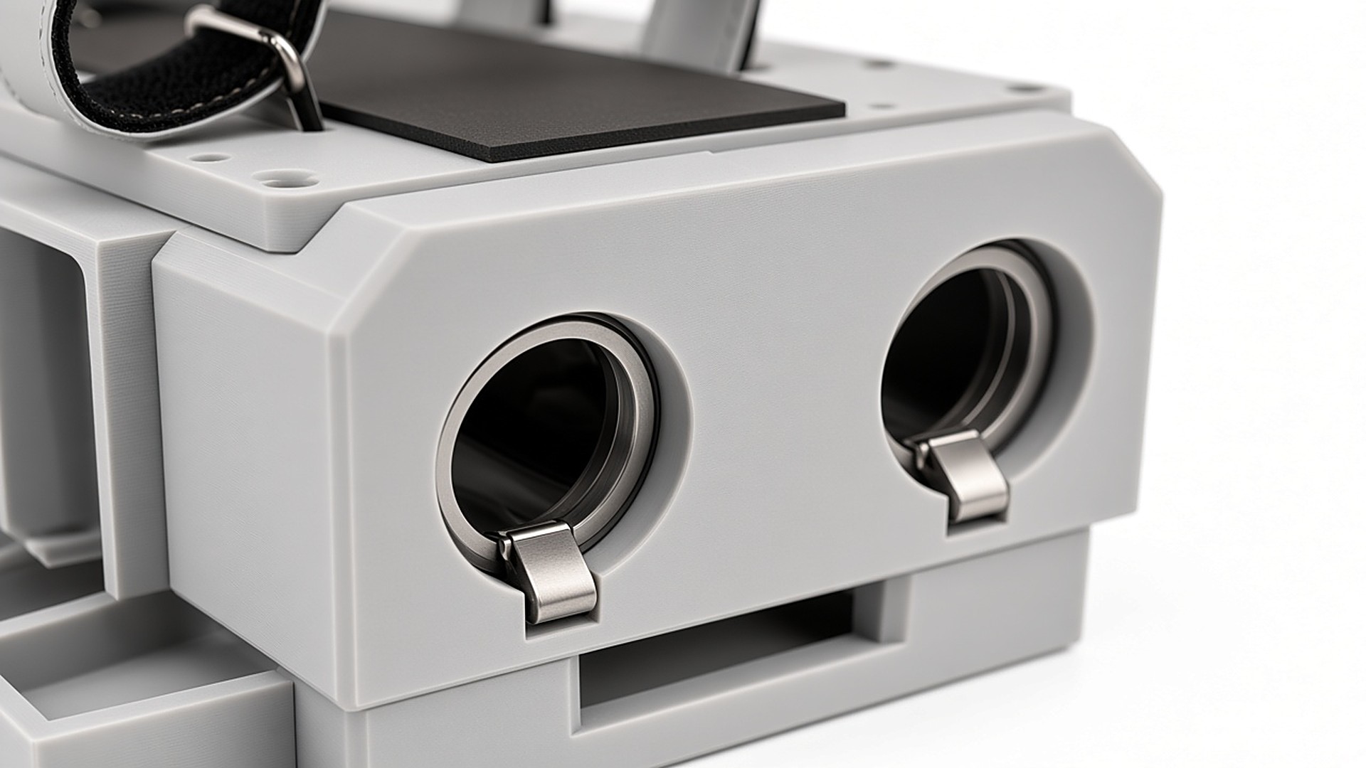 FlySpark PWD multi-channel drone dropper close-up of the steel buckle latch that holds each payload in its round port until the channel is released