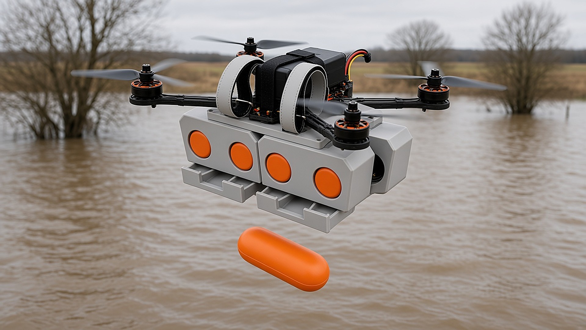 FlySpark PWD drone dropper on an FPV-class quadcopter releasing an orange rescue float capsule during a flood relief drop