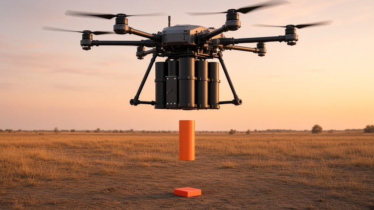 FlySpark QD60 multi-tube drone dropper under a heavy-lift hexacopter releasing an inert orange training cylinder over a training ground