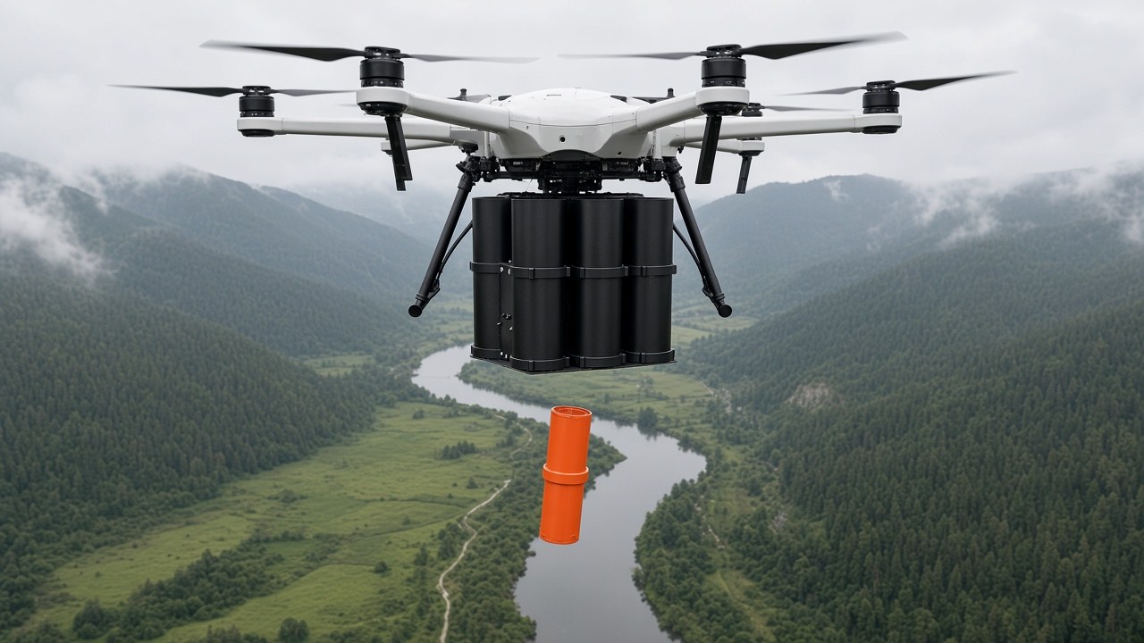 FlySpark QD60 drone dropper on a large multirotor releasing an orange rescue canister over a river valley