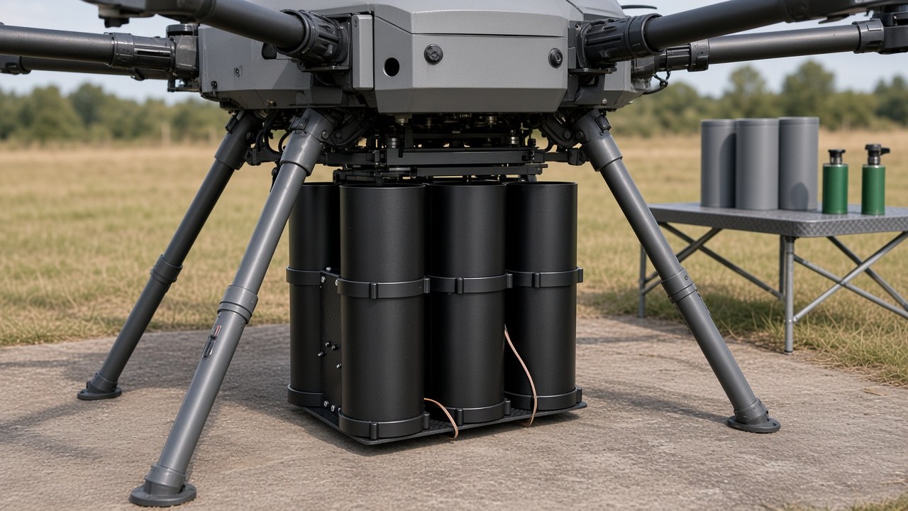 FlySpark QD60 multi-tube drone dropper fitted under a heavy-lift hexacopter on a user-fitted mounting rack